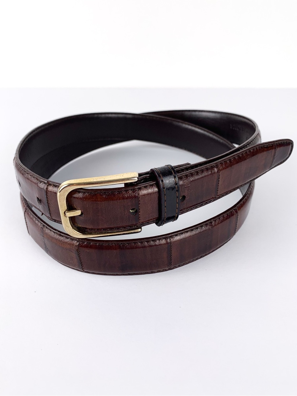 Vintage eel skin belt brown genuine eel leather with brass tone buckle size 38